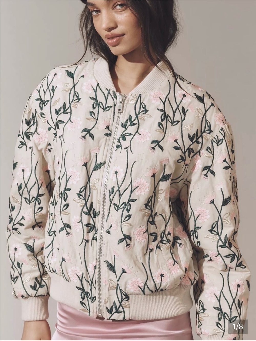 Avec Les Filles cotton Beige Bomber Jacket with Pink Floral Embroidery - Picture 6 of 7